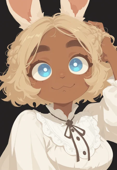 artist:moriimee, G0thicL1nes, portrait, (brown skin), 1 girl, rabbit girl, solo, black background, blonde hair, flat style, close up, white dress, large eyebrows, hand in hair, blue eyes, big smile, :<, ruffles, puffy dress, curvy, plump, bright eyes, short hair, french braid, pose, (flat color), (no lineart),