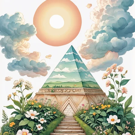 Score_9, score_8_up, score_7_up, score_6_up, BREAK <lora:Soft_Verdant_WatercolorPony:1> ArsMJStyle, Soft Verdant Watercolor, The image shows a painting of a pyramid in the middle of a lush green field surrounded by trees plants flowers and steps. The sky is filled with clouds and the sun is shining brightly creating a beautiful and peaceful atmosphere., no humans, flower, white flower, cloud, sky, plant, white background, leaf, stairs, simple background
