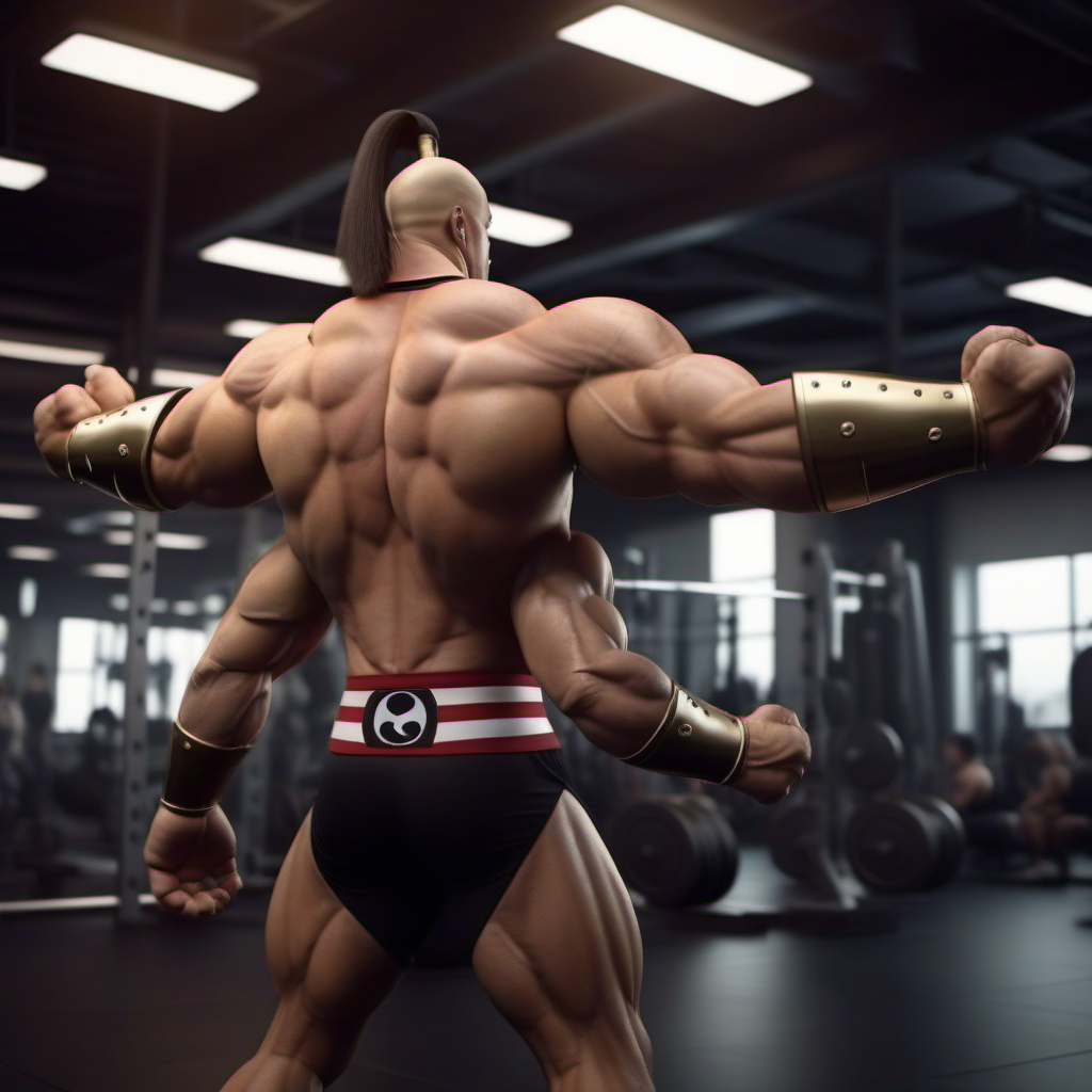 cinematic photo Goro1024, a muscular Four-armed man  in a gym weightlifting  <lora:Goro1024:0.9> . 35mm photograph, film, bokeh, professional, 4k, highly detailed