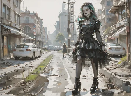 score_9, score_8_up, score_7_up, full body image, environment interaction, walking, 1girl, pale skin, medium breasts, <lora:sm0k3XLP:1>, <lora:goth_clothes:1>, goth dress, gothic, black dress, detailed dress, black high heeled shoes, neon hair color, two tone hair, <lora:SWMS:1>, <lora:Eldritch_Universe_Style:1>,