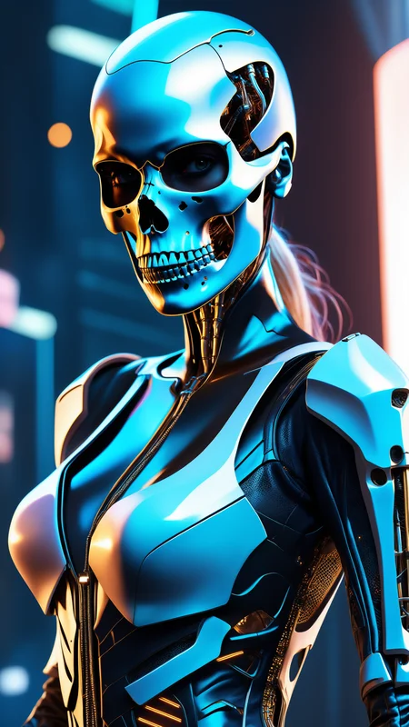 a bad woman in a futuristic suit with a ((skeleton head)), ((which disintegrates)), cybernetic, cyberpunk art, computer art, detailed eyes, (highly detailed skin:1.2), (realistic lighting:1.1), (realistic shadows:1.1), ((best quality)), (detailed), 8k uhd