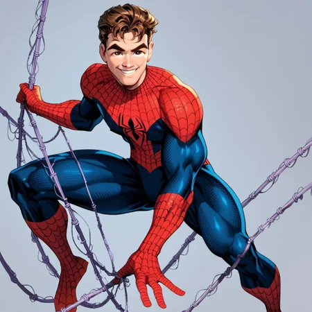 score_9,score_8_up,score_7_up,spider web print, solo, 1boy, , spider-man,male focus, bodysuit, silk, , superhero,holding webline,webline,brown hair,thick eyebrows,smile,brown eyes