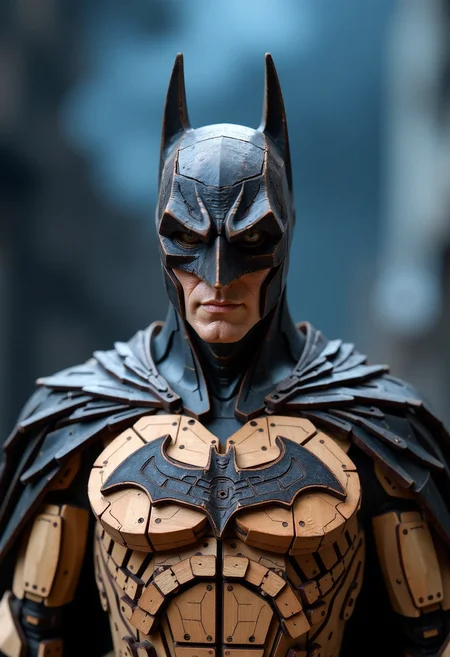 <lora:ck-wood-piece-crafter-000018:1>, a crafted wooden model featuring the batman seen from frontal view. The wood used for the scene is a colorful, and enhancing the depth and richness of the design. The background of the image dark and foreboding, contrasting and melting sharply with the lighter tones of the wood. The entire model is made from finely detailed, interlocking wooden pieces.
