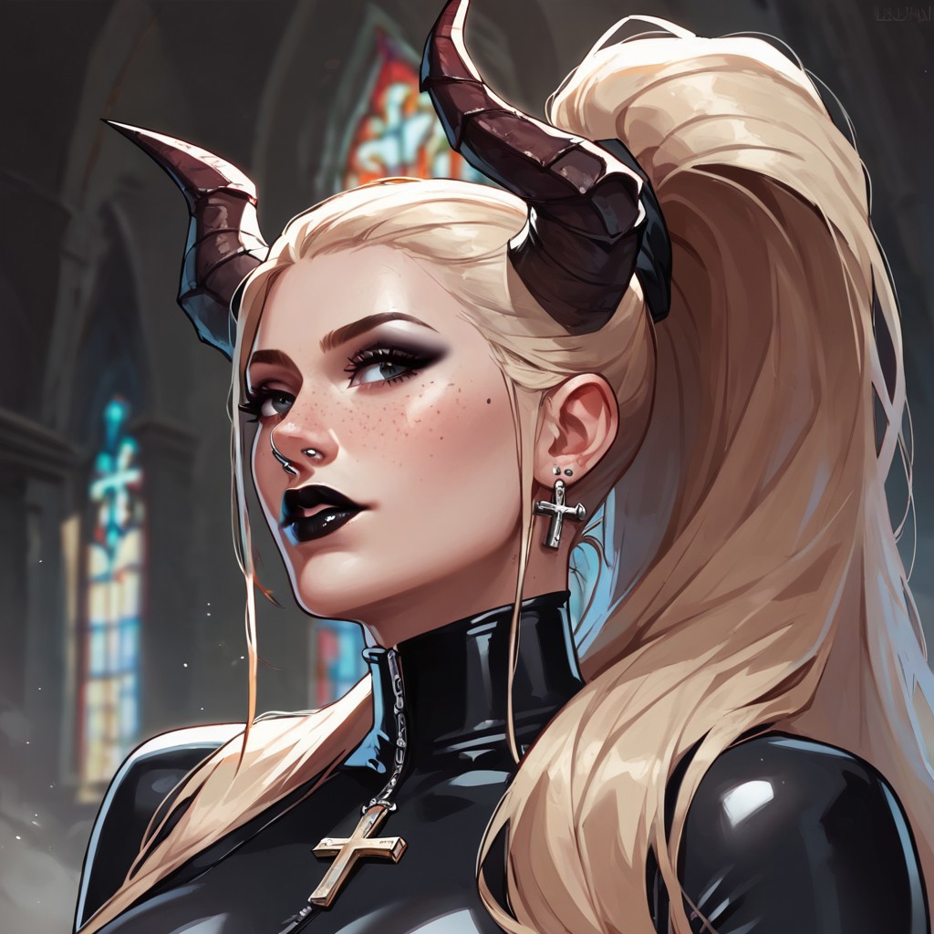 score_8_up, score_7_up, score_6_up, score_9, score_9, score_8_up, score_7_up, score_6_up, raw, 1girl, blonde, devils horns, solo, ((high ponytail)), very long hair, straight hairs, freckles on face, freckles on shoulders, average breasts, black eyes, black makeup, confession:2, posing, average breasts, pierced nipples, black lipstick, ring pierced nose, latex suit, crosses, (((in church))), close:1.5 view, low view, side view, ((dark)), lack of light, ((focused light)), <lora:Lunas-K3nnyn3v-SDXL-A1:1> <lora:KrekkovXL:1> <lora:hutagoXL:1>