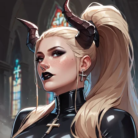 score_8_up, score_7_up, score_6_up, score_9, score_9, score_8_up, score_7_up, score_6_up, raw, 1girl, blonde, devils horns, solo, ((high ponytail)), very long hair, straight hairs, freckles on face, freckles on shoulders, average breasts, black eyes, black makeup, confession:2, posing, average breasts, pierced nipples, black lipstick, ring pierced nose, latex suit, crosses, (((in church))), close:1.5 view, low view, side view, ((dark)), lack of light, ((focused light)), <lora:Lunas-K3nnyn3v-SDXL-A1:1> <lora:KrekkovXL:1> <lora:hutagoXL:1>