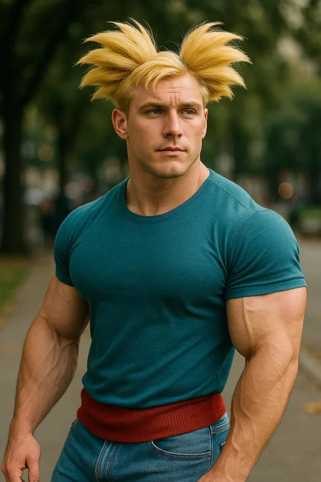 a realistic candid photograph of Hey Arnold grown up as a buff man.