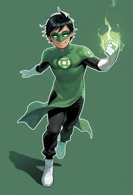 masterpiece, absurdres, high quality, perfect anatomy, 1boy, solo, cute boy, male focus, TaiPham, Black Hair, Green Lantern Ring, Green Lantern Costume, Green and Black Bodysuit, Green Domino Mask, White Eyes, White Gloves, Pelvic Curtain, Black Pants, White Shoes, Glowing Green Outline, Green Energy Aura, floating, levitating, big smile, cinematic, intricately detailed illustration, depth of field, masterpiece, best quality, amazing quality, very aesthetic, absurdres, newest, very awa,  shadow, dynamic angle, casual cosplay, dynamic pose, simple background, green theme