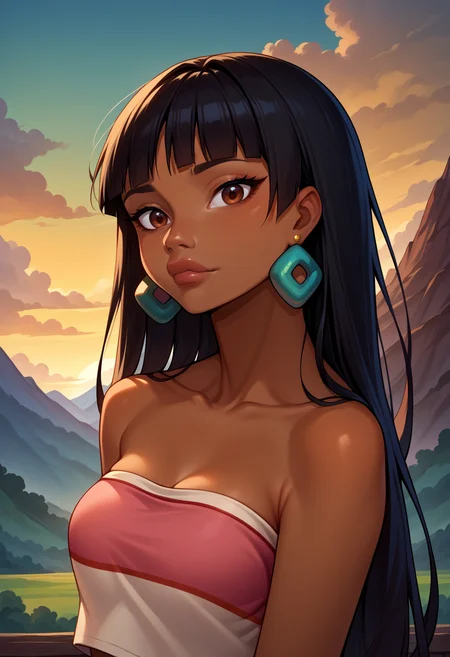 score_9, score_8_up,score_7_up, source_anime, 1girl,solo, <lora:EPrtedChel-10:1>, EPrtedChel, long hair, black hair, straight hair, brown eyes, blunt bangs, dark-skinned female, dark skin, very dark skin, jewelry, earrings, bracelet, tube top, crop top, bare shoulders, medium breasts, collarbone, upper body, lips, makeup, closed mouth, looking at viewer, outdoors, sky, cloud, mountain, mountain top, mountainous horizon, sunset, portrait, close-up,