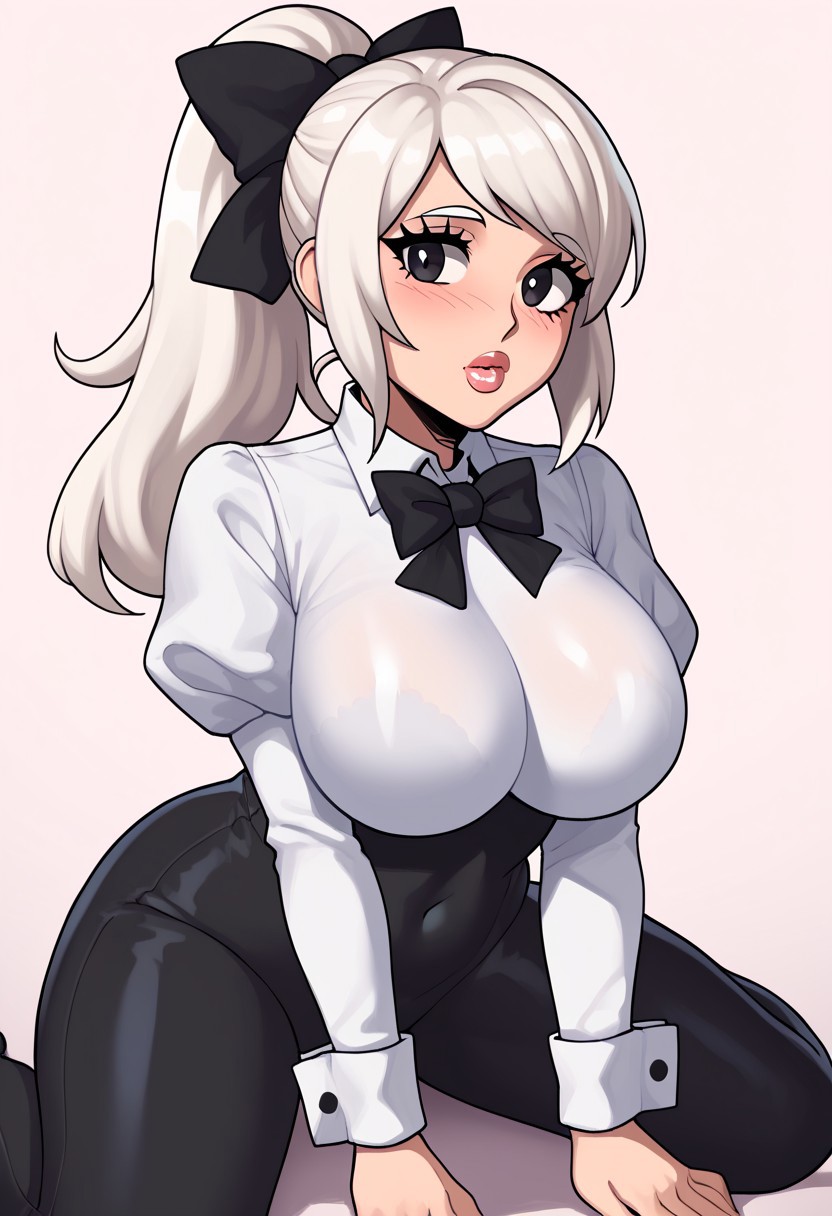 score_9, score_8_up, score_7_up, score_6_up, score_5_up, score_4_up, source_cartoon, <lora:confetti-extract- ponyxl:0.85>, detailed eyes, easynegative, rating_explicit, Expressiveh, 1girl, solo,
Geraldine, shirt, long sleeves, white shirt, white hair, ponytail, sidelocks, thighs, hair bow, collared shirt, pants, puffy sleeves, bowtie, black eyes,  wrist cuffs, black bow, dress shirt, swept bangs, black pants,  high ponytail, juliet sleeves,  black bowtie,  sleeve cuffs, traditional bowtie, necktie, big breasts, blush, shy, lips