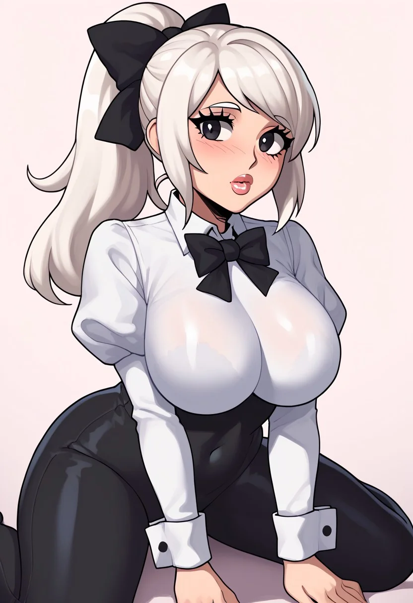 score_9, score_8_up, score_7_up, score_6_up, score_5_up, score_4_up, source_cartoon, <lora:confetti-extract- ponyxl:0.85>, detailed eyes, easynegative, rating_explicit, Expressiveh, 1girl, solo,
Geraldine, shirt, long sleeves, white shirt, white hair, ponytail, sidelocks, thighs, hair bow, collared shirt, pants, puffy sleeves, bowtie, black eyes, wrist cuffs, black bow, dress shirt, swept bangs, black pants, high ponytail, juliet sleeves, black bowtie, sleeve cuffs, traditional bowtie, necktie, big breasts, blush, shy, lips