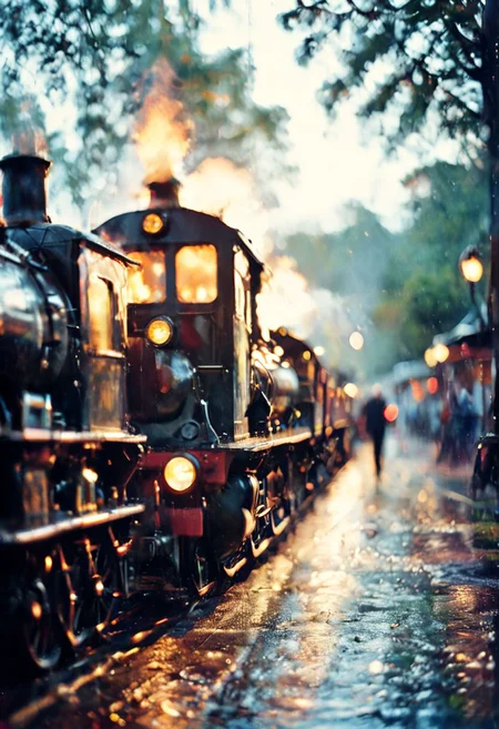 a steam train in rain, film, bokeh, professional, blur, lomo, 4k, uhd, masterpiece