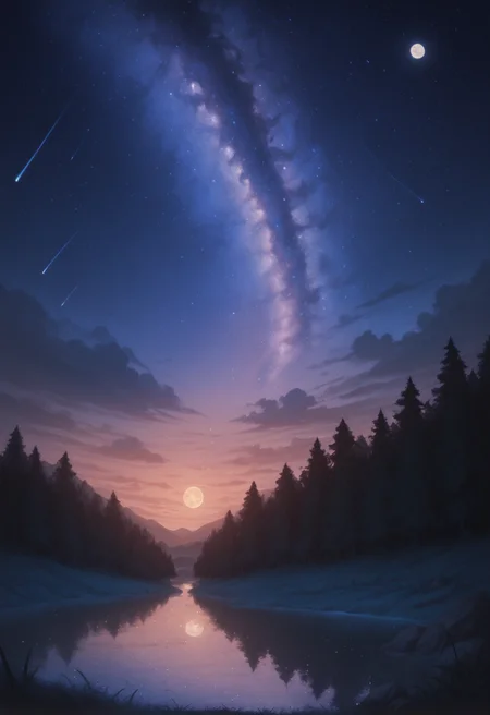 star \(sky\), scenery, sky, no humans, starry sky, night, moon, outdoors, night sky, tree, nature, water, full moon, rock, reflection, grass, forest, mountain, shooting star, cloud, milky way, lake, river, landscape,, masterwork, masterpiece, best quality, dynamic lighting , dynamic pose,, dynamic angle, lips, nose
