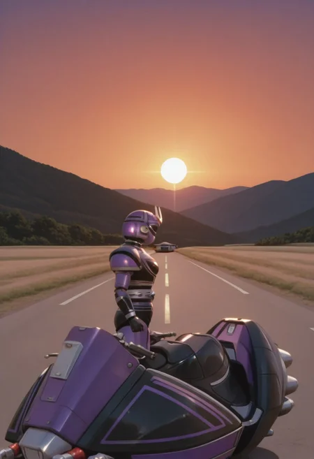 anime screencap, anime coloring,
solo, 1girl, (covered neck), BREAK
Tent0u, robot, tokusatsu, solo, armor, bodysuit, shoulder pad, standing, beside_tent0motorbike, from side, outdoors, road, sunset, dramatic lighting