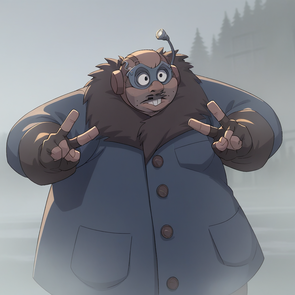score_9_up, score_8_up, BREAK, GaetanMoliere, 1boy, solo, fat man, black eyes, buckteeth, closed mouth, blue coat, fur trim, fingerless gloves, cowboy shot,  fog, outdoors,  <lora:GaetanMoliere_PXL_Leaf3:0.8>,double v,
