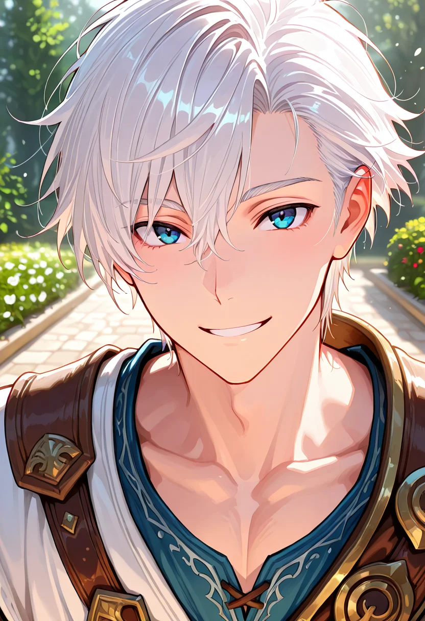 <lora:noobai_vpred_1_masterpieces_v23:1>, <lora:Eyes_Lora_Pony_Perfect_eyes:1> , masterpiece, fantasy\(theme\), thick outlines, best quality, 1boy, handsome, 10-year-old, short hair messy hair, white hair, right-sideswept fringe, blue eyes, smiling, noble estate, garden