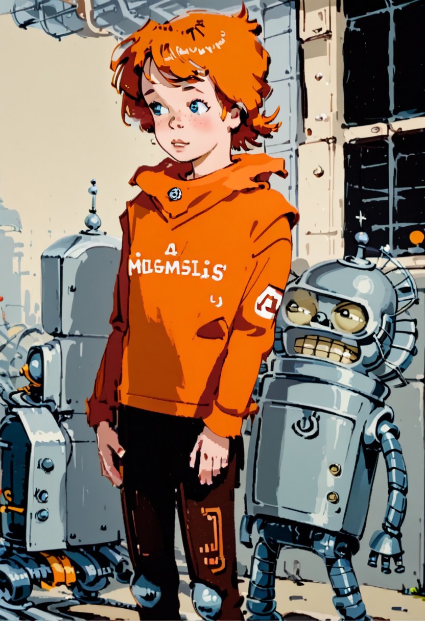 drawn, flat_cartoon_style, Mignstl, golden-red hair, ((flat_chest)) 1girl: robot Bender looks aside