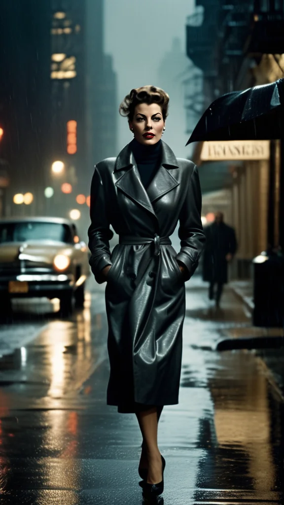Ava Gardner 25 years old , soft skin, full lips, blonde hair, thin eyebrows, walking in rain, wearing turtleneck and scarf, masterpiece ,film noir, night, blade runner environment, view of city, bokeh, ( photo style of Annie Liebovitz, Vogue photoshoot studio) full body visible portrait ,Hyper realistic photo, high-resolution, Sony 7R IV, 1/60s, f/2.8, ISO 200, professional, 4k, highly detailed<lora:locon_vanessaparadis_v1_from_v1_64_32:1>