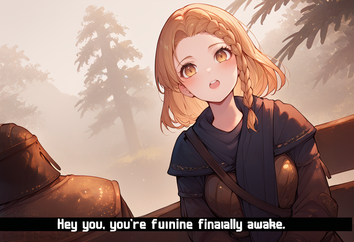 (score_9:0.9),score_8_up,score_7_up,anime style,rating_safe,(zPDXL),<lora:hey you, you're finally awake ponyXL v3.5:0.8>,hey you - you're finally awake,braid,helmet,armor,parody,blush,blonde hair,brown hair,yellow eyes,1girl,