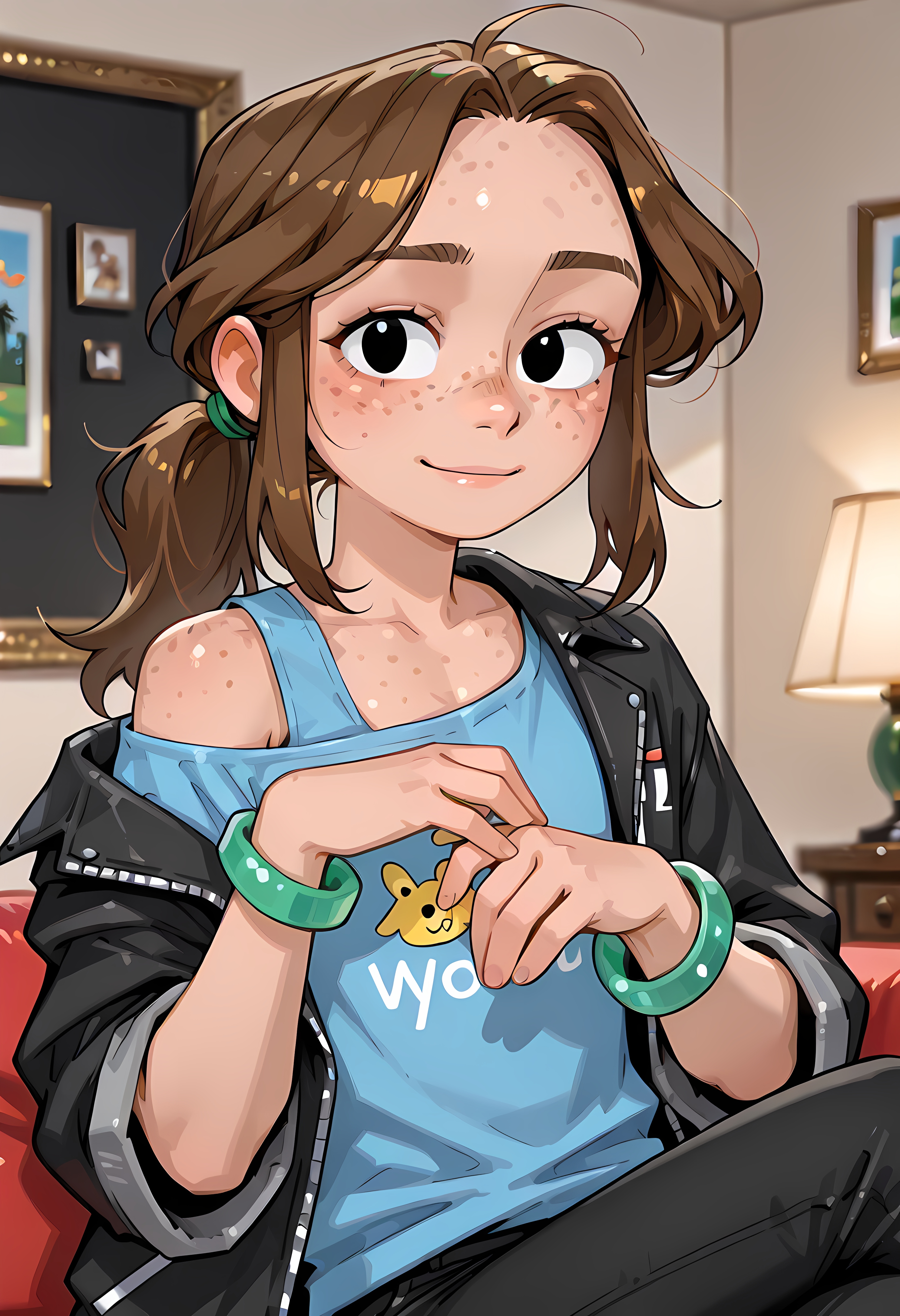 solo, brown hair, black pants, 1girl, ponytail,charlotte,<lora:Charlotte_emily_ill:1>, black eyes, green bracelet  on right hand ,flat chest,green clip,,, (portrai shot, upper body), high resolution, 2k resolution:1.0, 1girl,  casual clothes,black jacket,freckles,blue shirt,solo,bracelet on single hand,flat chest,,singles shirt,very young girl,, (portrai shot, upper body), wants you to sit next to her, solo, looking at viewer, fancy room, gentle smile, sitting, crossed legs, (chandelier:0.4), depth of field, ,off shoulder,