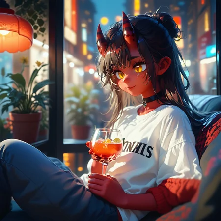 score_9, score_8_up score_7_up, score_6, BREAK masterpiece, high quality, perfecteyes, detailed background, depth of field, SkinDetail, cinematic lighting, shading, meruccubus, 1girl, 2d, red tail, horns, demon tail, long hair, black hair, choker, yellow_eyes, freckles, colored skin, red skin, demon_girl, flat chest, black outline, looking outside window, bottle, relaxing, holding glass cocktail, focus solo, on side, sitting window bench, long sleeves, white shirt, blue pants, shirt, indoors, building, interior, night sky, moon, city lights, city background, city theme, huge glass windows, smile