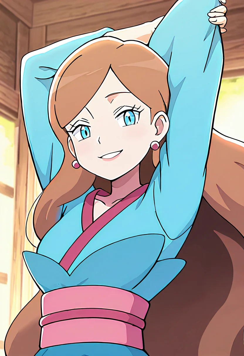 masterpiece, best quality, 1girl, solo, looking at viewer, smile, zzLinnea, blue eyes, brown hair, long hair, earrings, blue kimono, sash, , <lora:LinneaPokemon_IXL_v2:1.0>, arms up, stretching, upper body, smile, looking at viewer,