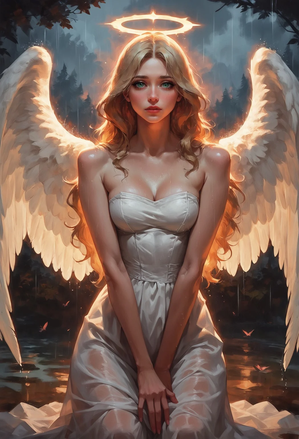 score_9, score_8_up, score_7_up, 1girl angel with 2 large angel wings and a halo, perfect curves, wearing a white dress, strapless, suggestive pose, romantic, solo, detailed eyes, looking at viewer, kneeling, forest, nature, forest meadow, beautiful, looking at viewer, green eyes, begging, medium breasts, fantasy, from front, rain, romantic, sunset, (blonde hair, mid parted hair, straight hair, long hair:1.2), pronounced blush, d4rk01l <lora:sdxl\Concept Art Twilight Style SDXL_LoRA_Pony Diffusion V6 XL:0.8> <lora:sdxl\vixon_pony_oil:0.7>