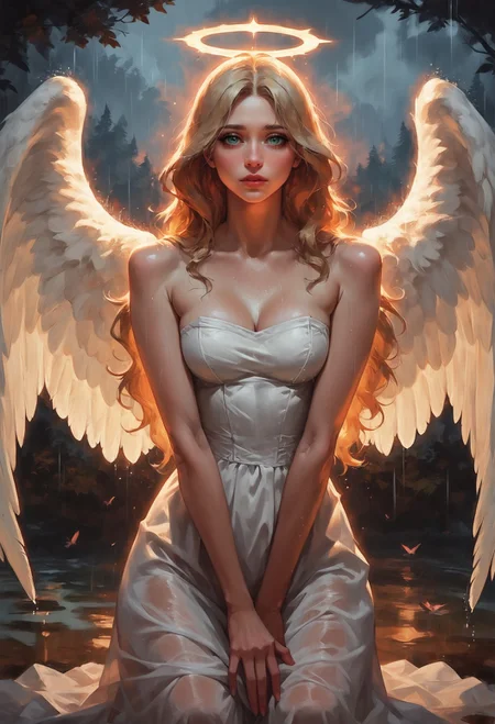 score_9, score_8_up, score_7_up, 1girl angel with 2 large angel wings and a halo, perfect curves, wearing a white dress, strapless, suggestive pose, romantic, solo, detailed eyes, looking at viewer, kneeling, forest, nature, forest meadow, beautiful, looking at viewer, green eyes, begging, medium breasts, fantasy, from front, rain, romantic, sunset, (blonde hair, mid parted hair, straight hair, long hair:1.2), pronounced blush, d4rk01l <lora:sdxl\Concept Art Twilight Style SDXL_LoRA_Pony Diffusion V6 XL:0.8> <lora:sdxl\vixon_pony_oil:0.7>