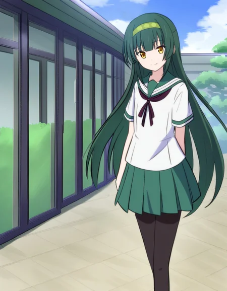 /Tohoku Zunko/, 1girl, <lora:zunkoglaze:1>, white shirt, green pleated skirt, school uniform, neck ribbon, sailor collar, very long hair, dark blue-green hair, green edamame hairband, solo, smile, black pantyhose, yellow eyes, serafuku, standing, outdoors, blunt bangs, anime