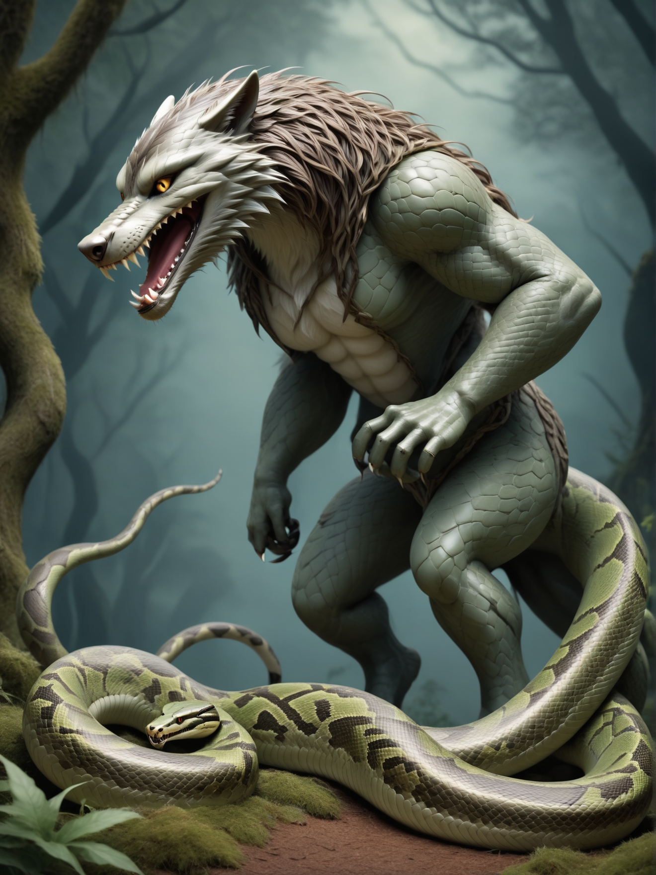 werewolf, fur bristling, fangs bared, prowling through an ancient, moonlit woodland,
<lora:Serpent_World:1> snake, no humans