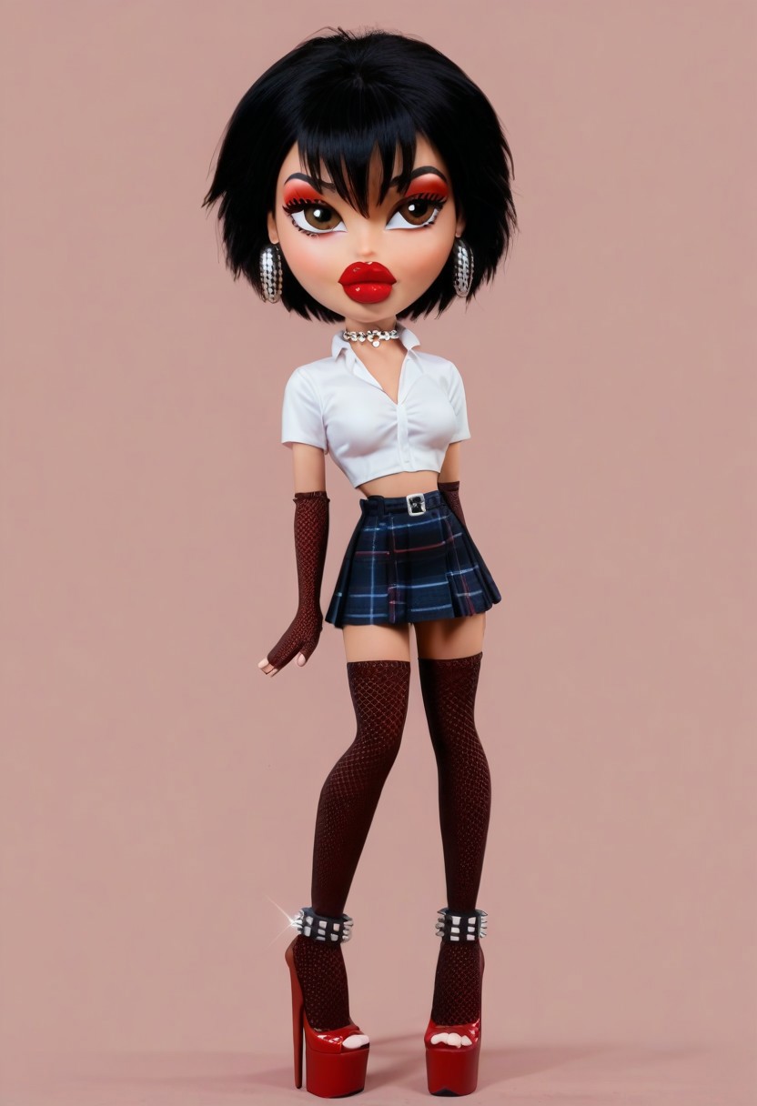 score_9,score_8_up,score_7_up BREAK <lora:pennyparker:1>,PennyParkerSDXL,solo,1girl,short hair,skirt,shirt,black hair,hair between eyes,brown eyes,school uniform,white shirt,short sleeves,pleated skirt,necktie,collared shirt,black skirt,,dress shirt,red necktie,sweater vest,cowboy shot,room,room background, from below, solo, narrow waist, Bratz doll with detailed eyes and big lips and curly rococo hair wearing versace dress, breasts, full body , plastic skin , (((doll joints))), (masterpiece, top quality, best quality, beautiful and aesthetic:1.2), (((soga no tojiko))), doll, chibi, bimbo, (((big head))), beltskirt, midriff, navel,(((makeup))), (((eyeshadow))), red eyeshadow, eyeliner, thick eyebrows, thick eyelashes, (((thick lips))),(((very thick lips))), bimbo lips, red lips, closed mouth, cowboy shot, (((earrings))), looking to the side, <lora:BratzXL:0.9>, high heels, platform heels, slutty_clothes, choker, thighhighs, fishnets, curvy, breasts, spiked choker, jewelry, bracelet, armlet, necklace, anklet, elbow gloves, belt, tube top, lingerie, cleavage, solo, simple background