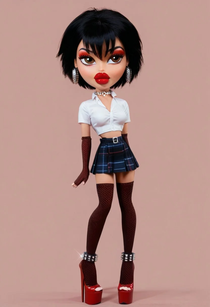score_9,score_8_up,score_7_up BREAK <lora:pennyparker:1>,PennyParkerSDXL,solo,1girl,short hair,skirt,shirt,black hair,hair between eyes,brown eyes,school uniform,white shirt,short sleeves,pleated skirt,necktie,collared shirt,black skirt,,dress shirt,red necktie,sweater vest,cowboy shot,room,room background, from below, solo, narrow waist, Bratz doll with detailed eyes and big lips and curly rococo hair wearing versace dress, breasts, full body , plastic skin , (((doll joints))), (masterpiece, top quality, best quality, beautiful and aesthetic:1.2), (((soga no tojiko))), doll, chibi, bimbo, (((big head))), beltskirt, midriff, navel,(((makeup))), (((eyeshadow))), red eyeshadow, eyeliner, thick eyebrows, thick eyelashes, (((thick lips))),(((very thick lips))), bimbo lips, red lips, closed mouth, cowboy shot, (((earrings))), looking to the side, <lora:BratzXL:0.9>, high heels, platform heels, slutty_clothes, choker, thighhighs, fishnets, curvy, breasts, spiked choker, jewelry, bracelet, armlet, necklace, anklet, elbow gloves, belt, tube top, lingerie, cleavage, solo, simple background