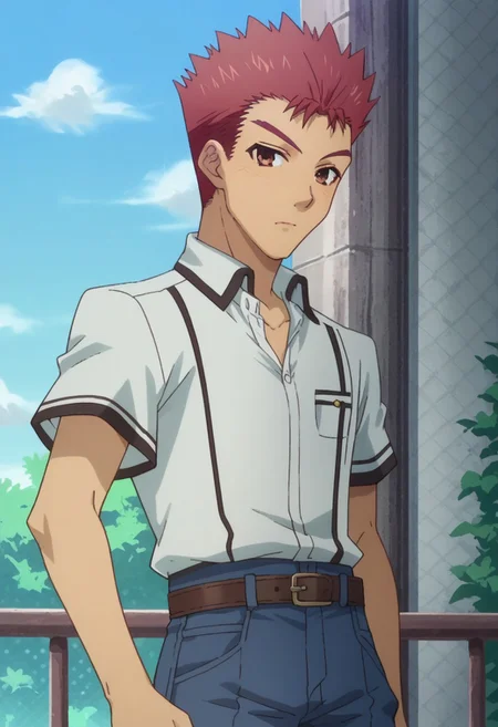 score_9, score_8_up, score_7_up, source_anime, highly detailed,
yujisakamoto, 1boy, male focus, red hair, solo, school uniform, spiked hair, brown eyes, upper body, shirt, white shirt, short sleeves, belt, pants, blue pants
outdoor, sky, tree