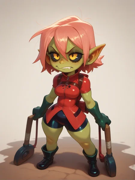 1girl, Haruhara Haruko, FLCL,â
full body,
<lora:DarkfireDeepGobboV2:1> green skin, black sclera, goblin girl,