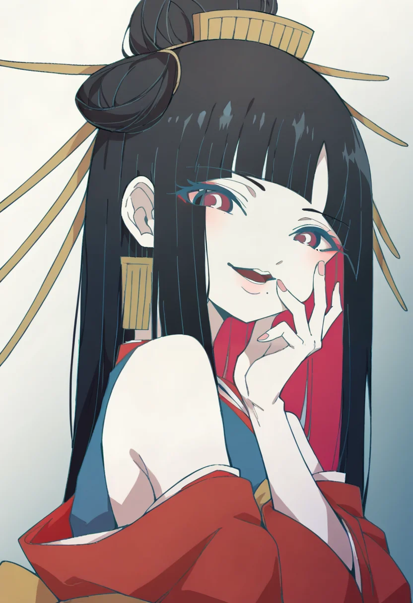 masterpiece, best quality, source_anime, uncensored, score_9, score_8_up, score_7_up, score_6_up, score_5_up, score_4_up, 1girl, solo, hyururirapappa, long hair, black hair, multicolored hair, colored inner hair, bangs, hime cut, single hair bun, blunt bangs, hair ornament, hair stick, purple eyes, mole under mouth, earrings, kimono, japanese clothes, sash, bare shoulders, wide sleeves, detached sleeves, upper body, close-up, hand on face, hand on cheek, open mouth, smile, looking at viewer, red nails <lora:tuki._HYURURIRAPAPPA:0.9> <lora:add-detail-xl:0.6> <lora:cfg_scale_boost:0.5>