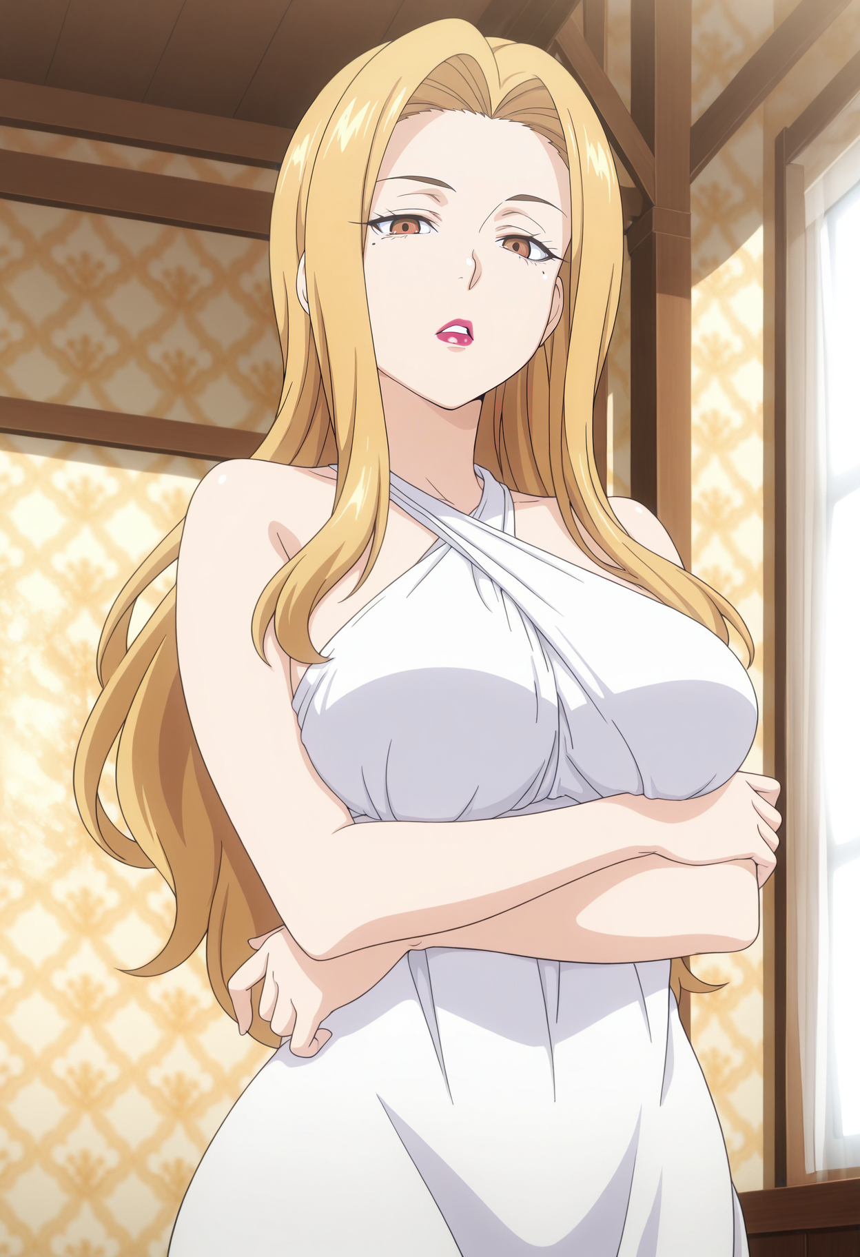 1girl,solo,mm,mature female,long hair,blonde hair,brown eyes,mole under eye,lipstick,large breasts,anime coloring,
bare shoulders,white dress,halterneck, standing, cowboy shot, looking at viewer, light frown, indoors, crossed arms, parted lips, 
,masterpiece,best quality,amazing quality,<lora:Natsume_Sendawara-Shokugeki_no_Souma:0.8>