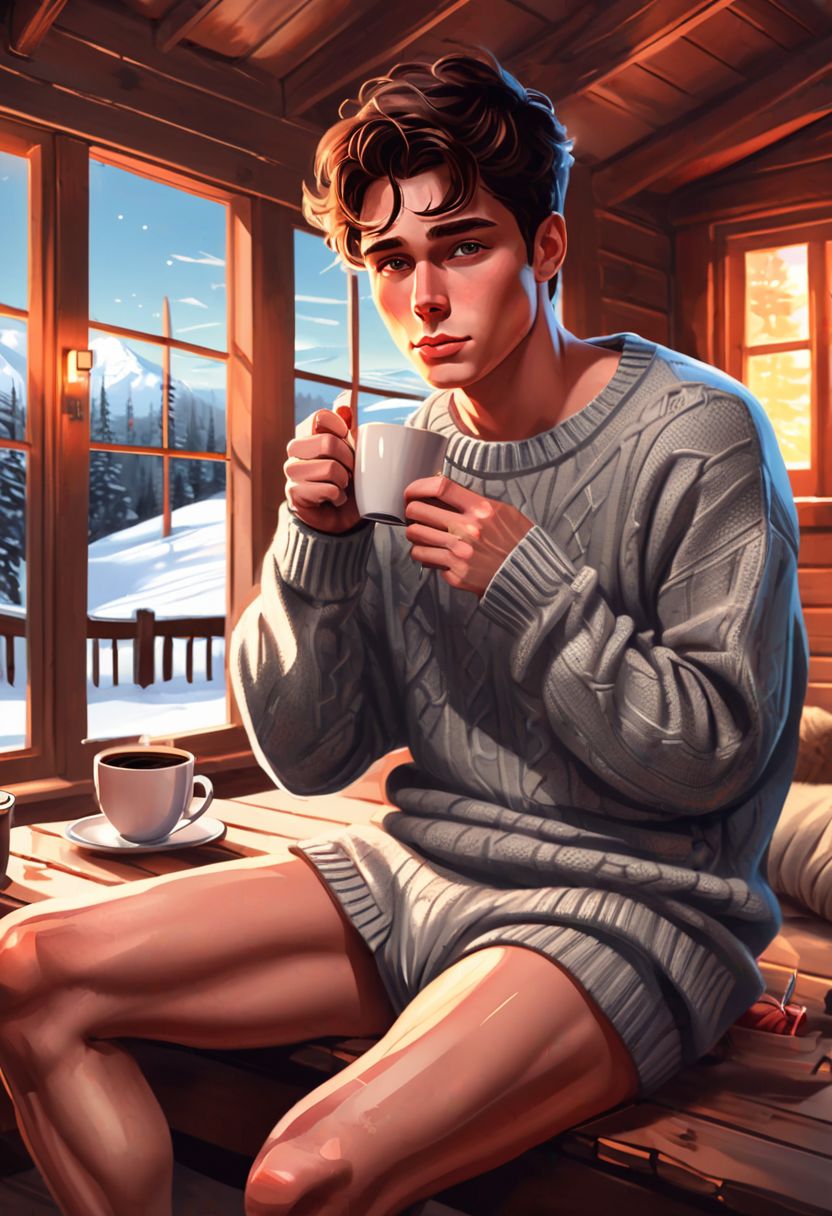 digital painting, sexy smooth male, oversized sweater only, (no pants:2.0), drinking coffee, lounging in a cozy winter cabin