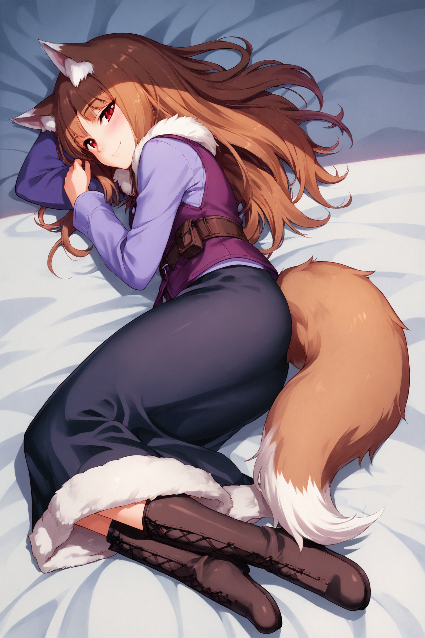 score_9,score_8_up,score_7_up,
1girl,tail,solo,long hair,holo,animal ears,wolf tail,wolf ears,wolf girl,lying,on side,fur trim,skirt,brown hair,red eyes,long sleeves,smile,pouch,half-closed eyes,vest,closed mouth,full body,from above,long skirt,blush,purple shirt,shirt,bangs,pants,shiny hair,boots,black skirt,
<lora:Koume Keito_XL_PONY:0.9>,