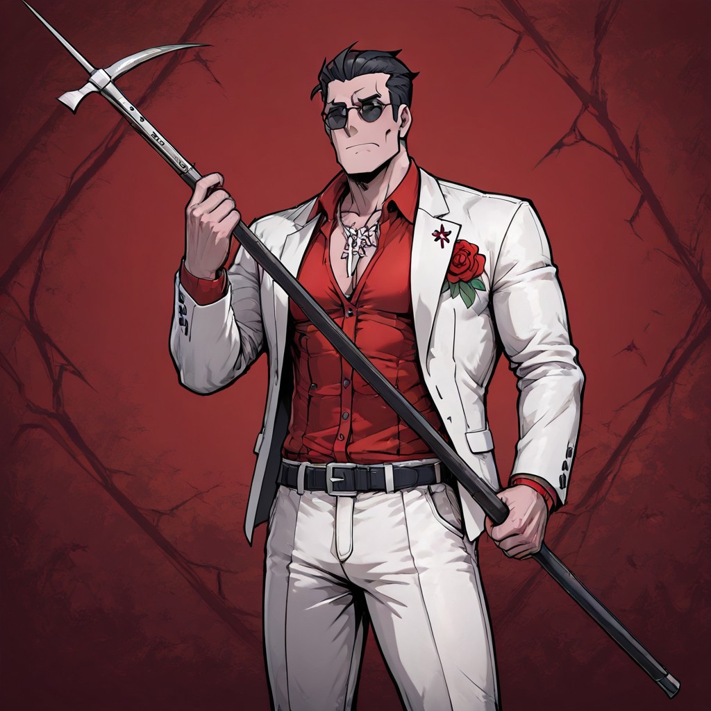 masterpiece, best quality, newest, absurdres, highres, anime, anime style, BDCV1.0, weapon, polearm, bec de corbin, holding weapon, holding polearm, holding, 1boy, helltaker \(helltaker\), black hair, short hair, muscular, muscular male,
sunglasses, glasses, 
white jacket, white pants, black belt, red shirt, formal clothes, flower in clothes, open jacket