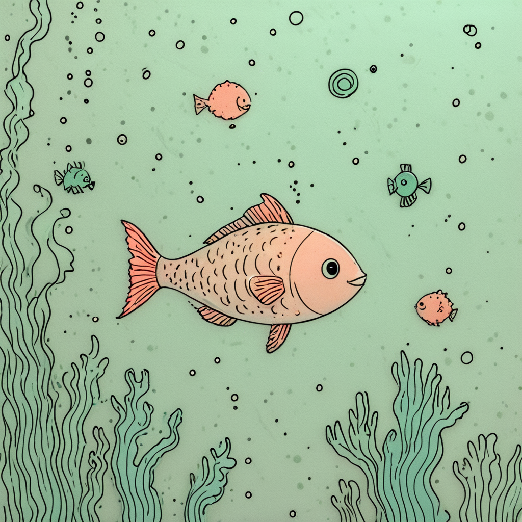 Cute doodle underwater scene, smiling fish, squiggly seaweed, simple coral shapes, bubbly texture, blue background, basic outlines, minimalist style ArsWorld, Doodle, <lora:ArsMorph_-_World_of_Doodle:1>