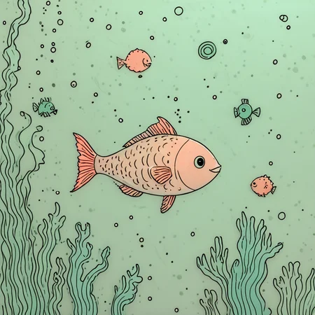 Cute doodle underwater scene, smiling fish, squiggly seaweed, simple coral shapes, bubbly texture, blue background, basic outlines, minimalist style ArsWorld, Doodle, <lora:ArsMorph_-_World_of_Doodle:1>