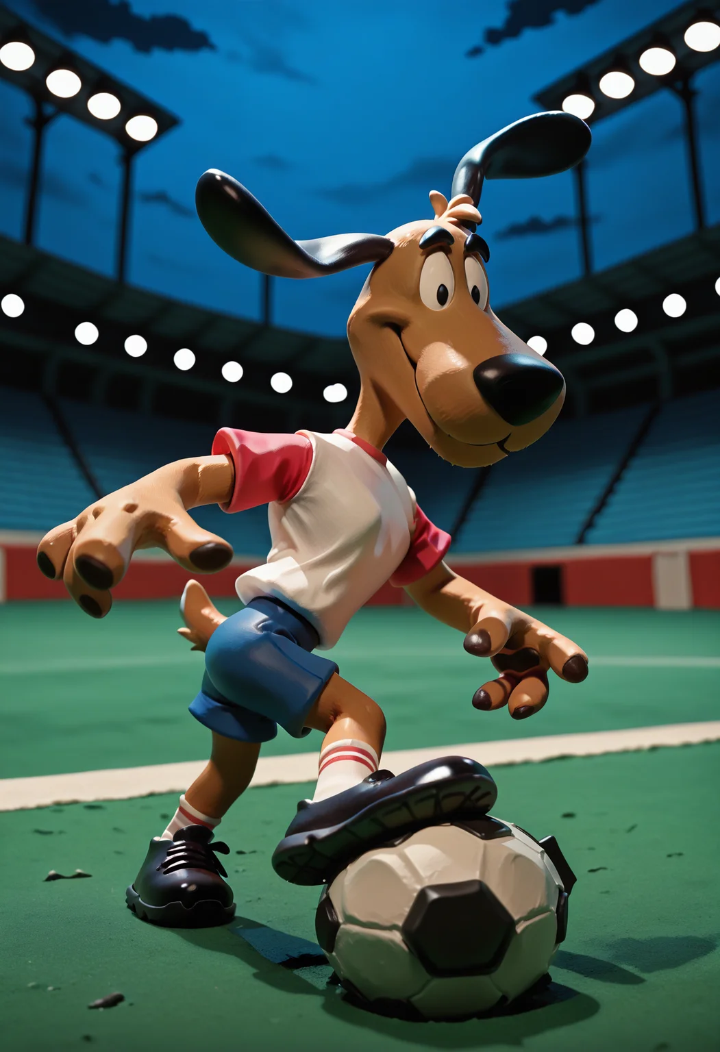 masterpiece, best quality, amazing quality, very aesthetic, absurdres, newest, neverhoodstyle, clay, solo, cute, male, anthro, furry, dog, black ears, floppy ears, black eyes, brown fur, white top, short red sleeves, blue shorts, socks, black shoes, soccer ball, (smug), soccer field, stadium, stadium lights, night, (4 fingers), <lora:Striker_-_1994_FIFA_World_Cup_Mascot_Illustrious:1.2> <lora:Neverhood_Claymation_Style_Illustrious:1.1>