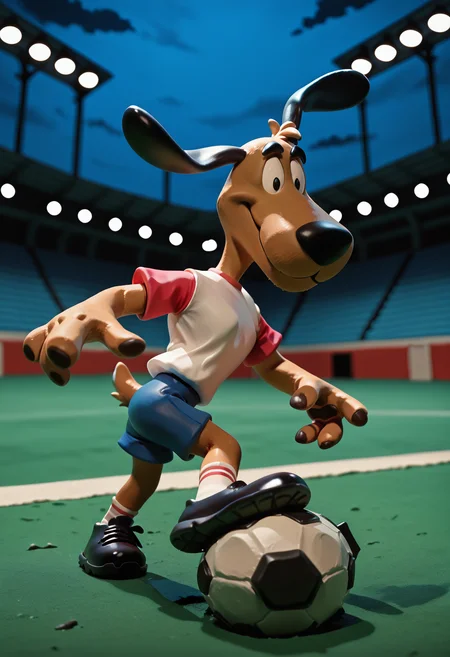 masterpiece, best quality, amazing quality, very aesthetic, absurdres, newest, neverhoodstyle, clay, solo, cute, male, anthro, furry, dog, black ears, floppy ears, black eyes, brown fur, white top, short red sleeves, blue shorts, socks, black shoes, soccer ball, (smug), soccer field, stadium, stadium lights, night, (4 fingers), <lora:Striker_-_1994_FIFA_World_Cup_Mascot_Illustrious:1.2> <lora:Neverhood_Claymation_Style_Illustrious:1.1>