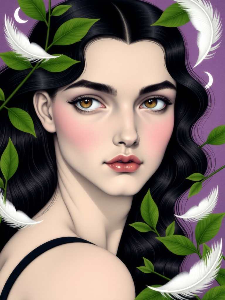 A striking portrait of a young woman surrounded by lush foliage and delicate feathers. The setting features a dreamy backdrop in shades of purple, evoking a mystical atmosphere. Soft, diffused lighting highlights her delicate facial features, emphasizing her pale skin and prominent cheekbones. Her expression is contemplative, with slightly parted lips and captivating, wide eyes that draw the viewer in. The womanâs hair is styled with flowing strands that blend seamlessly into the greenery, enhancing the ethereal quality of the composition. A balance of natural and surreal elements creates a harmonious interplay of texture and color. This artwork is reminiscent of contemporary fantasy art, focusing on nature and beauty, with a mood that is both serene and introspective. <lora:flux-lora-000006:1>