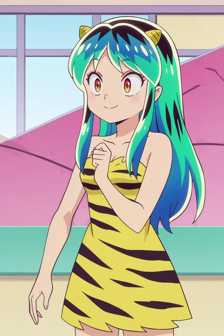 anime screencap, consistent background, Lum, upper body, light smile, tiger print dress <lora:Private_Urusei_Yatsura_2022_-_Lum_-_PDXL:0.8>