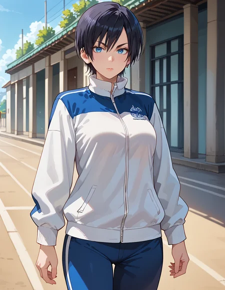 score_9, score_8_up, score_7_up, source_anime, anime screencap, anime coloring, masterpiece, best quality, uncensored, 1girl, solo, (cowboy shot:1.2), aonuma, tomboy, black hair, short hair, asymmetrical bangs, hair between eyes, blue eyes, sharp eyes, thin eyebrows, medium breasts, tall, toned, white track jacket, long sleeves, knee shorts, <lora:Aonuma_Eishuu Meikaroku_Pony:1>, looking at viewer, cute face, shiny body, shiny skin, (skindentation:1.2), clear skin, shiny hair, ultra detailed eyes, depth of field, sharp, (intricate details, hyperdetailed:1.15)