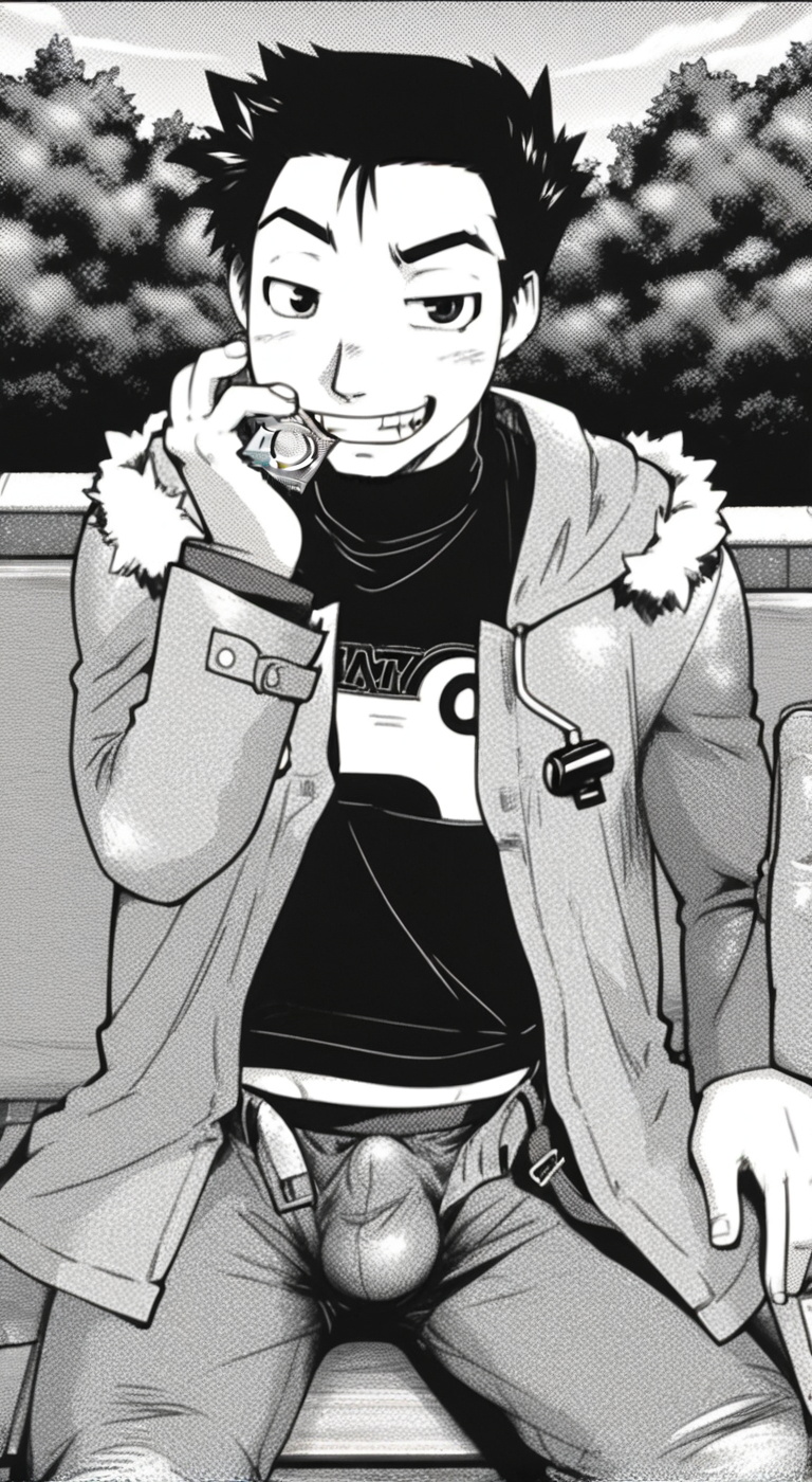 score_9, score_8_up, score_7_up, anime_source, official artstyle, anime screencap, highly detailed, 1boy, perfect composition, good shading, male focus, 1boy, solo, outdoors, park, jacket, fur trim, sitting on bench, smug grin, condom wrapper stuck in teeth, penis visible through clothes, bulge, erection, akishima boy, black hair, short hair, monochrome