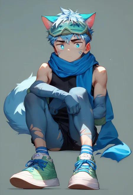 score_9,score_8_up,score_7_up,score_6_up,score_5_up,
blue cat ears (teen boy),solo,blue tail,blue pupils,(Light blue) hair,
(black sleeveless ((blue stripes) bodysuit)),blue scarf_over_mouth,torn clothes,green (safety goggle) on head,sneakers,
Perfect Hands,
exhausted,ankle socks,