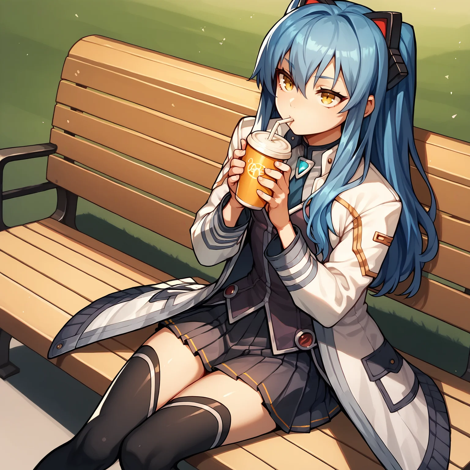 score_9, score_8_up, score_7_up, score_6_up, score_5_up, score_4_up, BREAK, solo, park bench, sitting, cup, drinking,
<lora:tio2-000017:0.9>, tioplato, long hair, blue hair, yellow eyes, fake animal ears, tiocs, white jacket, pleated skirt, thighhighs,