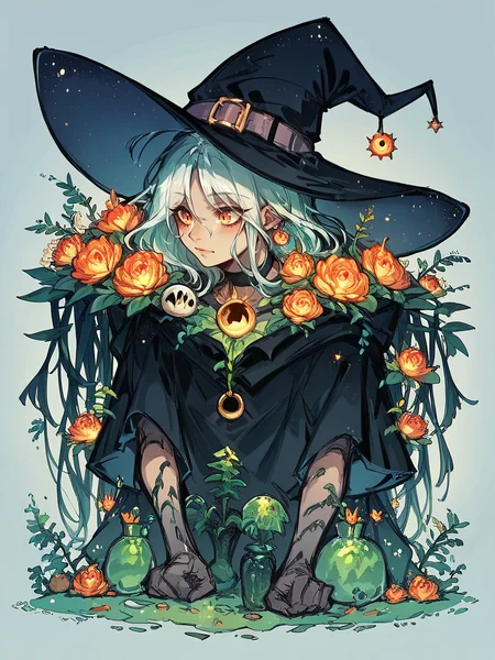 score_9, score_8_up, score_7_up, score_6_up, score_5_up, score_4_up, <lora:yum4rtXLP:0.8> yum4rt, plants, witch, 1girl, full body,