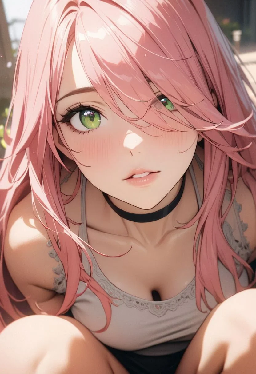 1woman, solo, long hair, pink hair, black choker, green eyes, one eye covered by hair, eyeliner, gorgeous lips, squats,
y_d,
cinematic, (masterpiece), (best quality), (ultra-detailed), very aesthetic, illustration, perfect composition, intricate details, absurdres